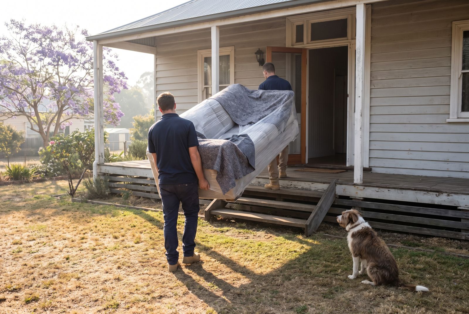 Two delivery workers carrying a wrapped lounge through a front door, with faces out of view