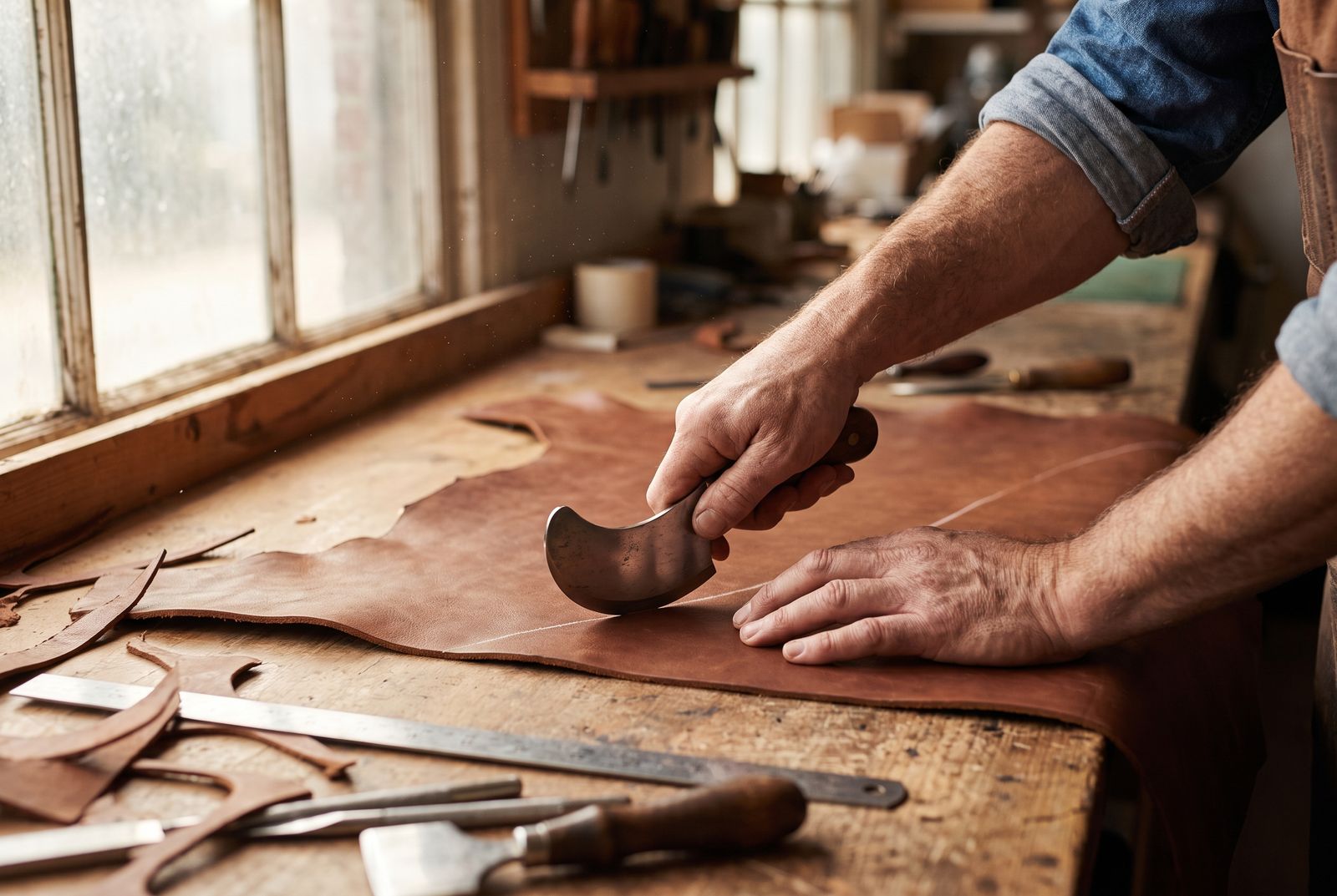 Hands cutting a leather hide on a workbench with a round knife