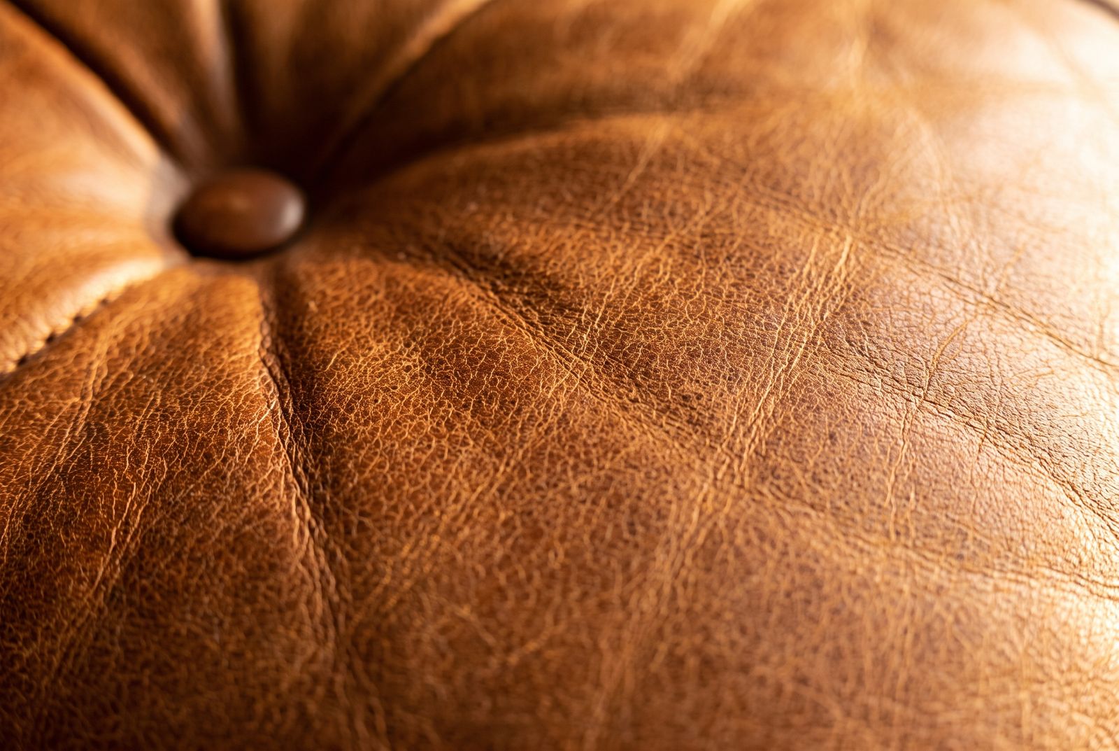 Natural semi-aniline leather grain gathered around a button tuft