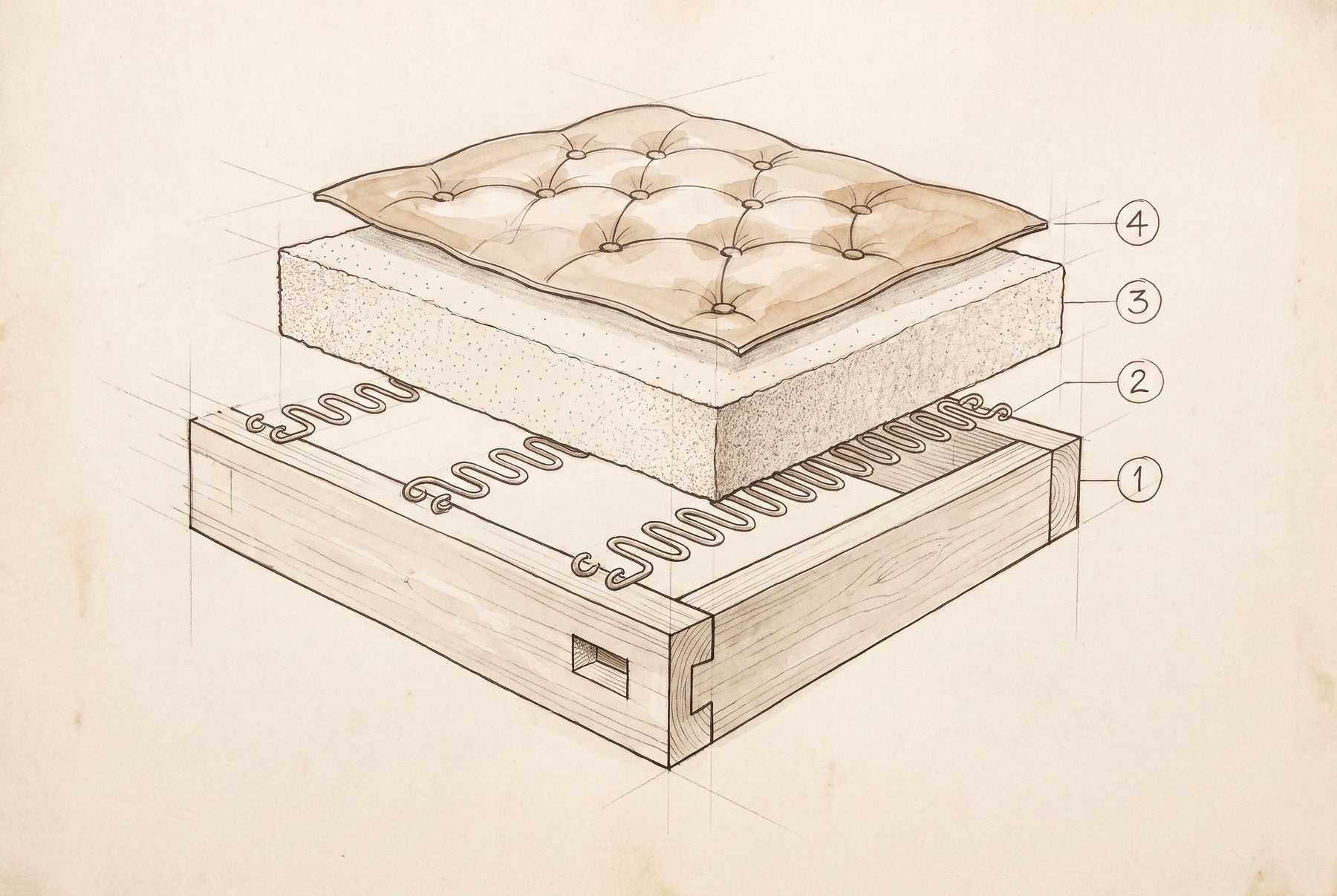 Seat cutaway numbered from bottom to top: 1 hardwood frame, 2 sinuous springs, 3 foam, 4 hide