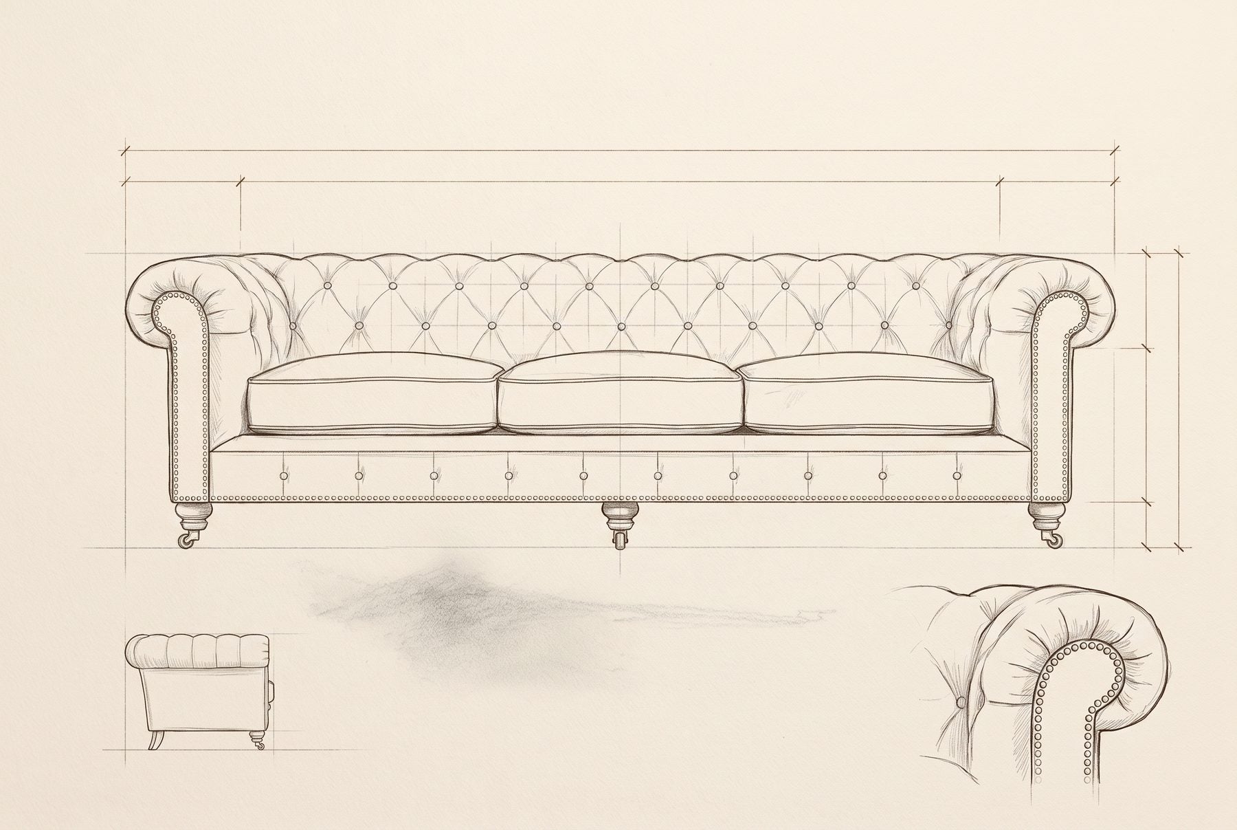 Pencil elevation of the Winston with dimension lines, a side view and a rolled-arm detail