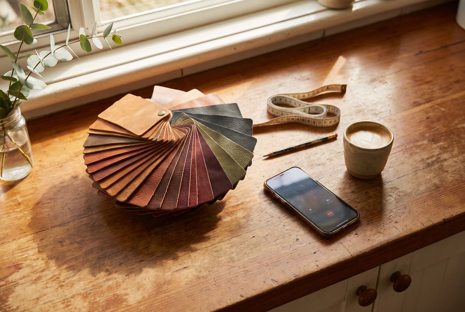 Leather swatches, a measuring tape and a phone on a sunlit kitchen bench