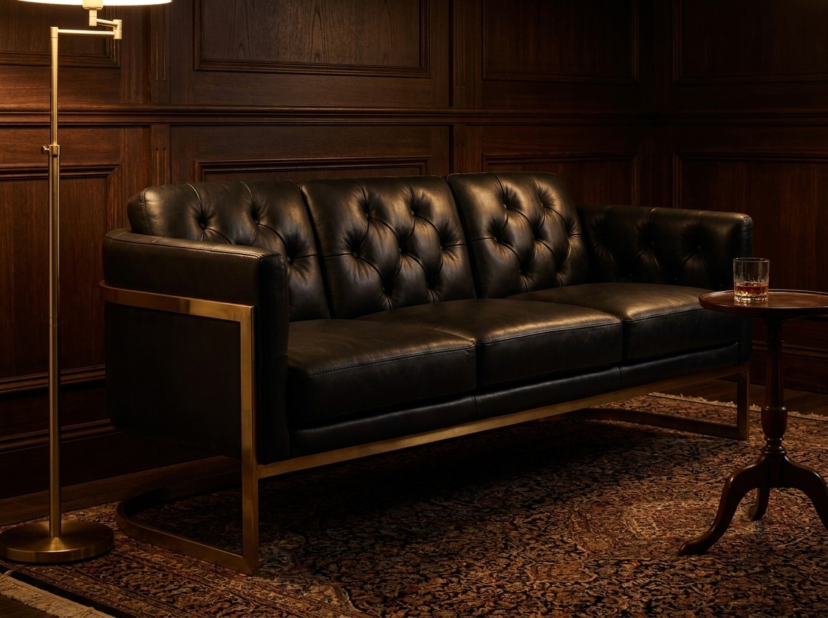 Mayfair Three-Seat Lounge – Black Leather and Brass