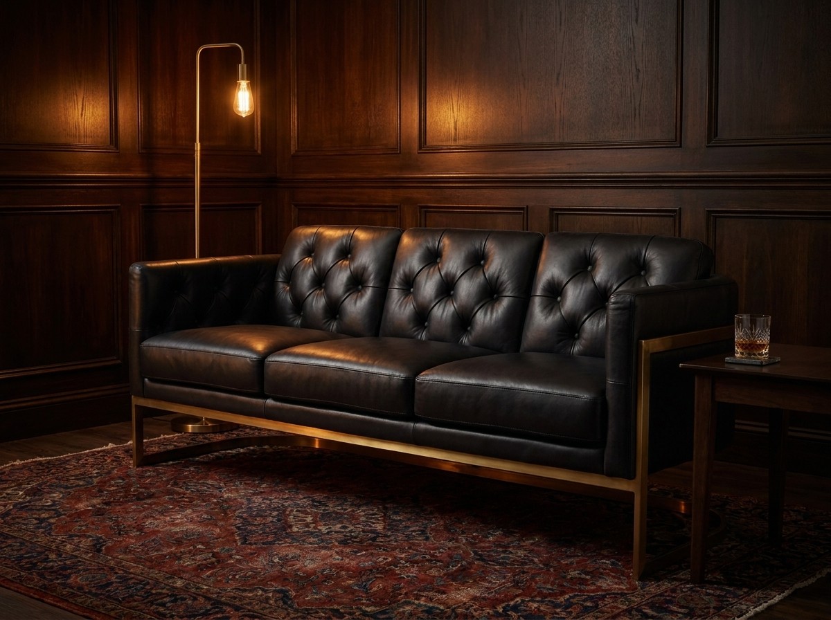 Mayfair Three-Seat Lounge – Black Leather and Brass