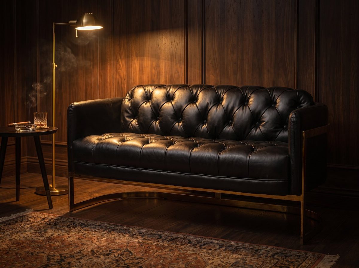 Mayfair Two-Seat Lounge – Black Leather and Brass