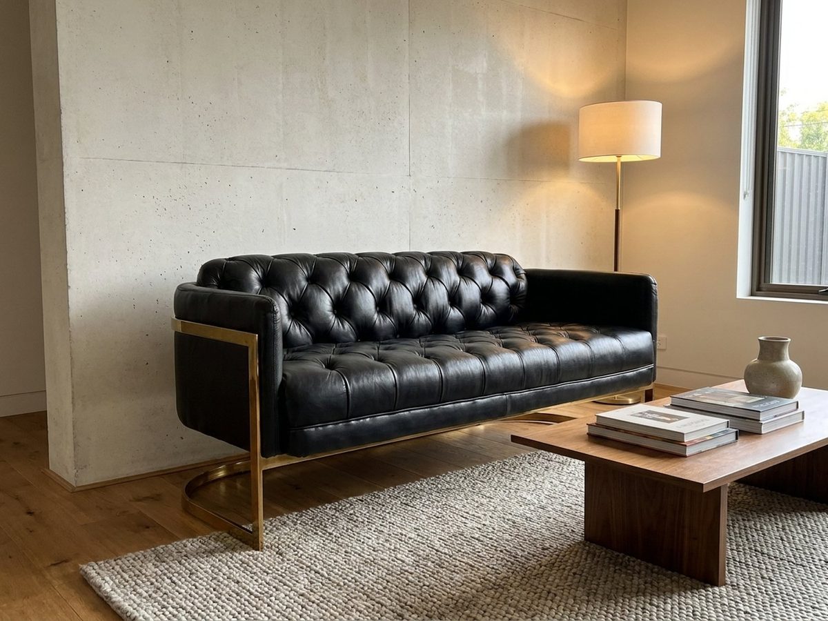 Mayfair Two-Seat Lounge – Black Leather and Brass