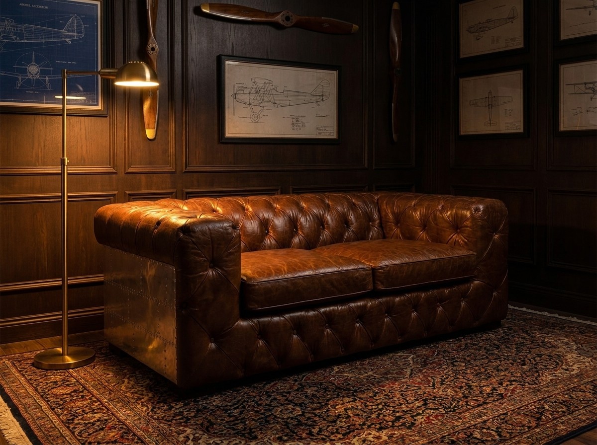 Regal Aviator Aluminium and Brown Chesterfield Lounge – 2 seat