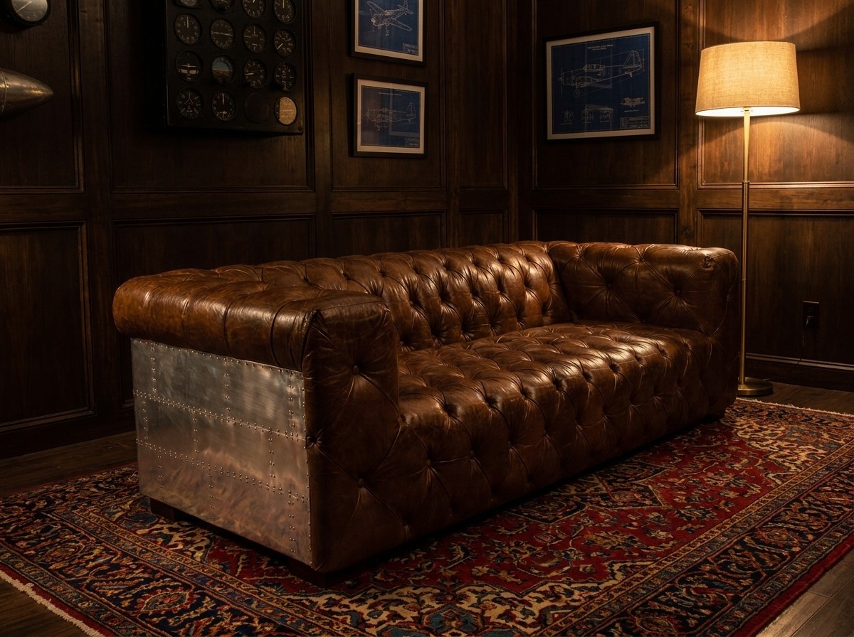 Regal Aviator Aluminium and Brown Chesterfield Lounge – 3 seat