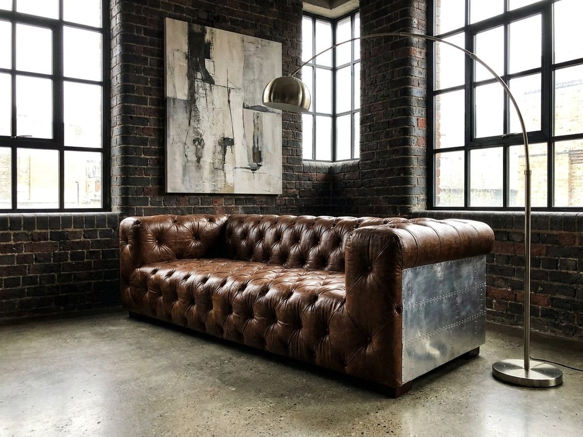 Regal Aviator Aluminium and Brown Chesterfield Lounge – 3 seat