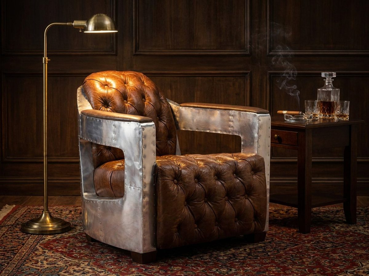 Regal Aviator Aluminium and Brown Leather Chesterfield Club Armchair