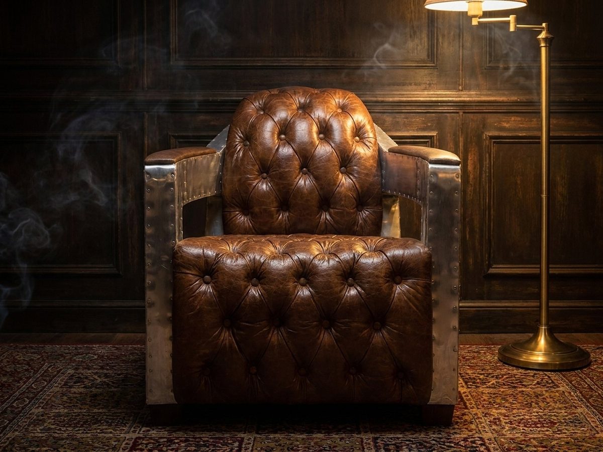 Regal Aviator Aluminium and Brown Leather Chesterfield Club Armchair