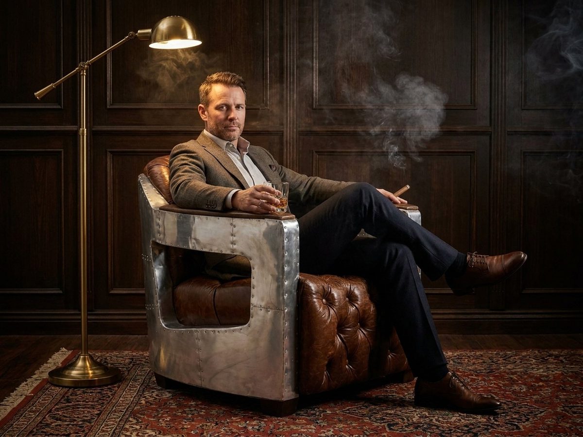Regal Aviator Aluminium and Brown Leather Chesterfield Club Armchair
