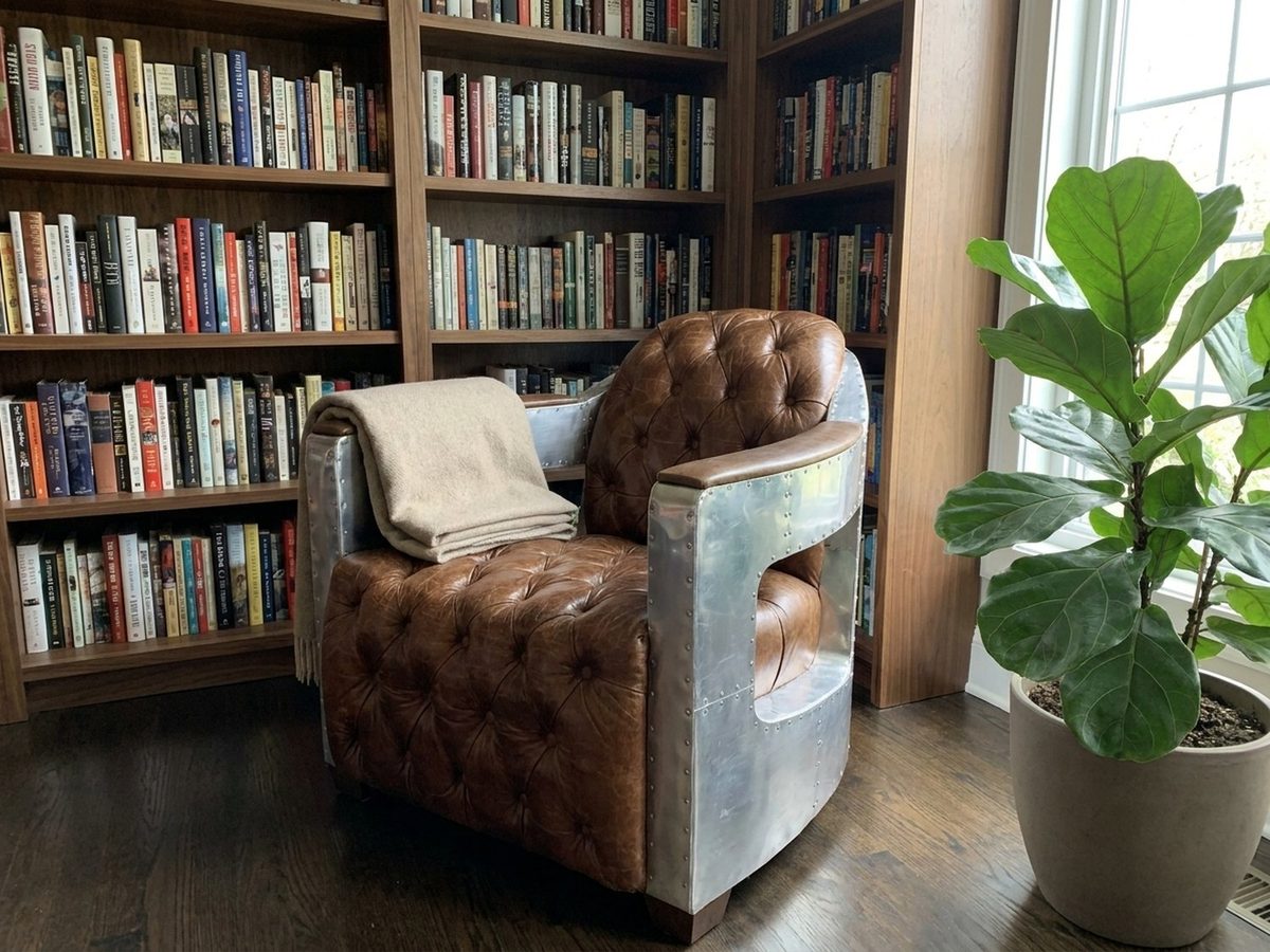 Regal Aviator Aluminium and Brown Leather Chesterfield Club Armchair