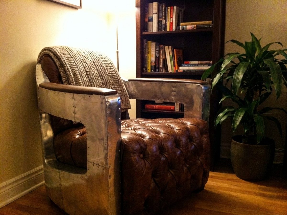 Regal Aviator Aluminium and Brown Leather Chesterfield Club Armchair