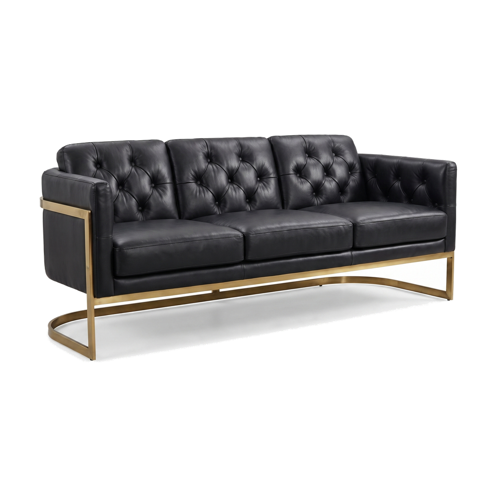 Mayfair Three-Seat Lounge – Black Leather and Brass