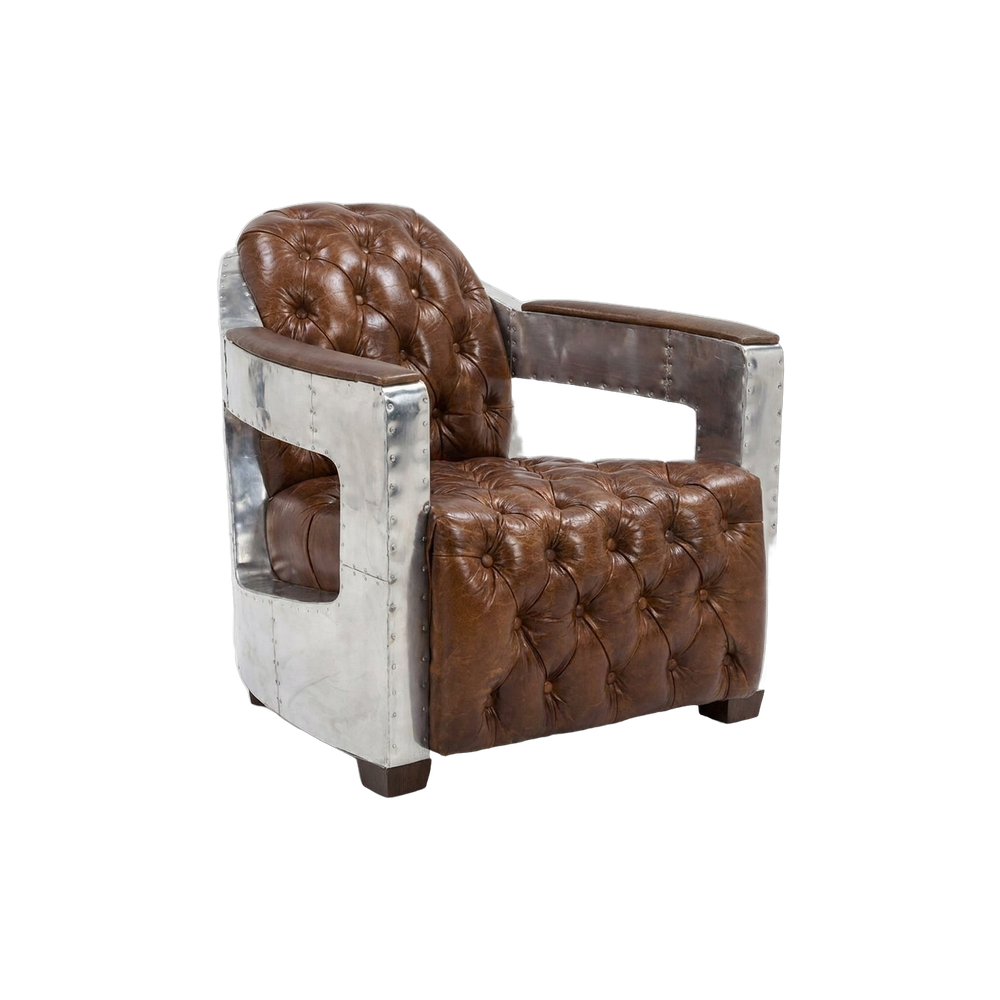 Regal Aviator Aluminium and Brown Leather Chesterfield Club Armchair